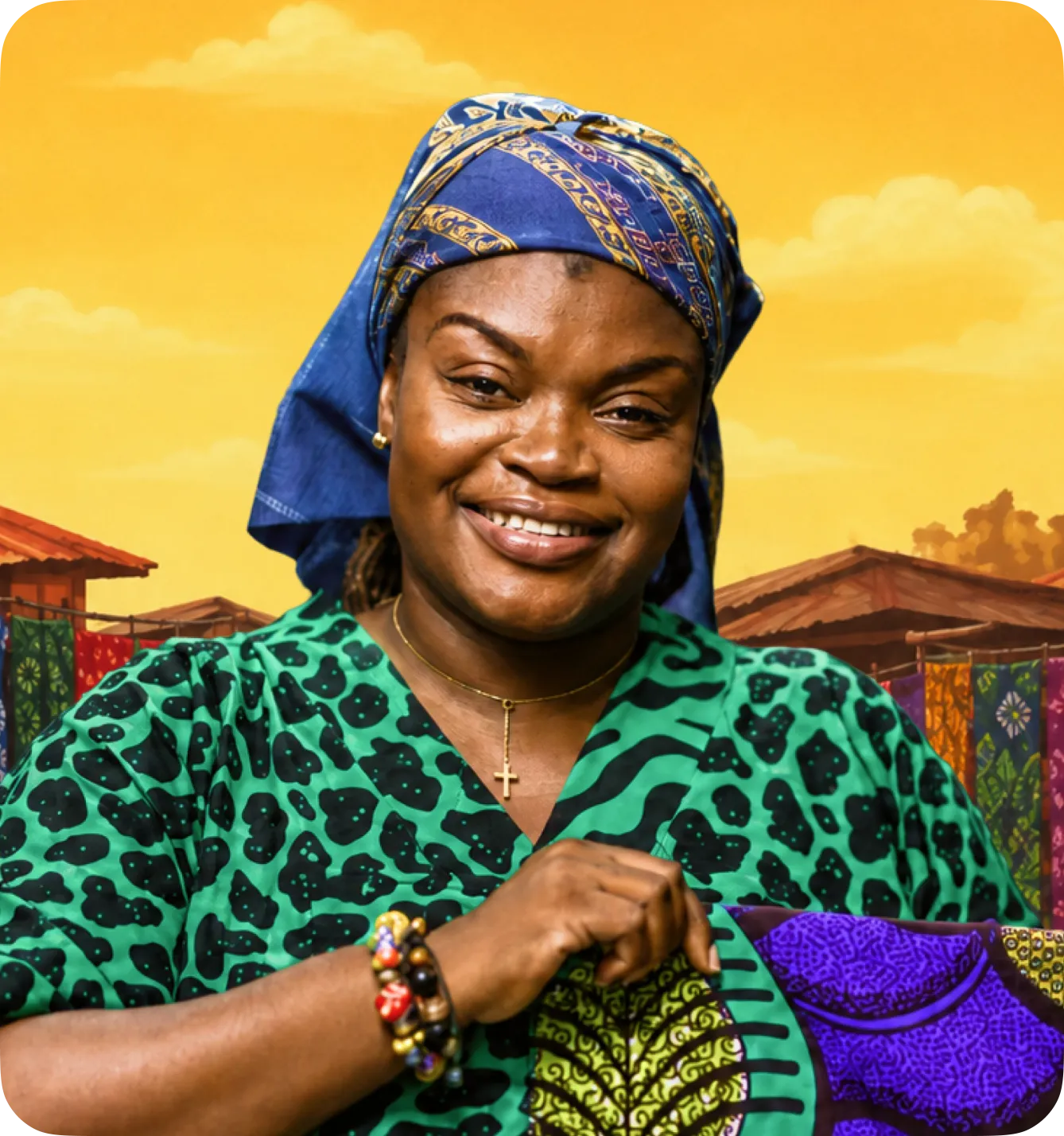 A fabrics trader standing in front of her market stall at sunset
