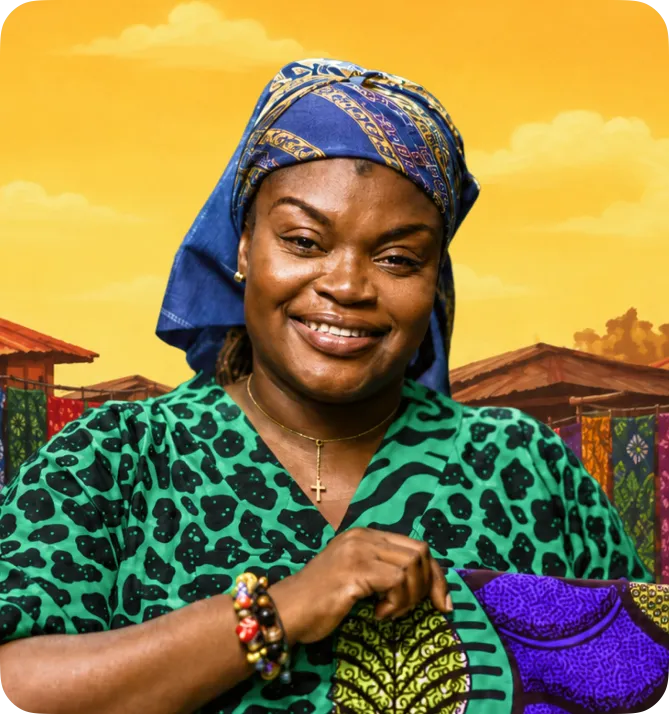 A fabrics trader standing in front of her market stall at sunset