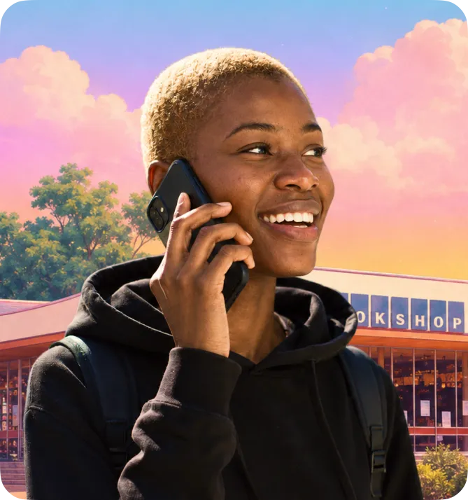A student smiling on a phone call outside a campus bookshop
